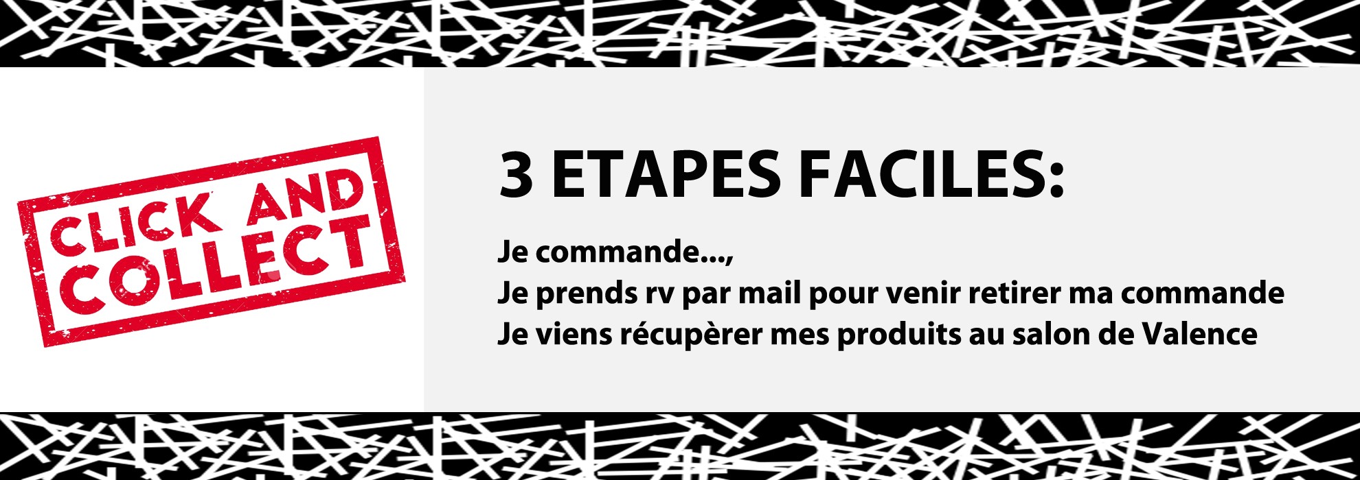 Le Click & Collect chez Olivier B : 1  Je commande -  2 Je prends rv par mail pour venir récupérer mes produits - 3 Je récupère ma commande